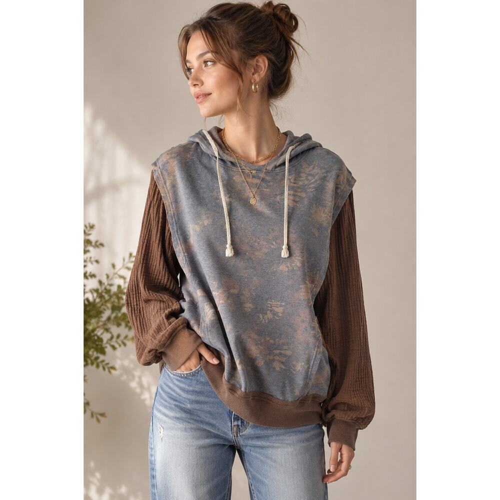 Oli & Hali Mixed Media Balloon Sleeve Hoodie XL Boho Oversized